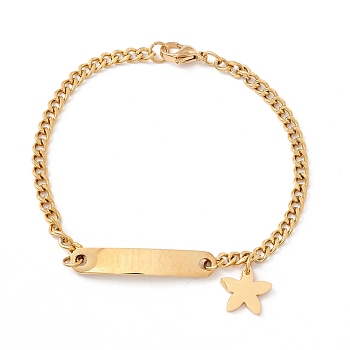 201 Stainless Steel Rectangle & Star Charm Bracelet with Curb Chain for Women, Golden, 7-7/8 inch(19.9cm)
