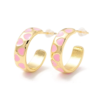 Real 18K Gold Plated Brass Stud Earrings for Women, Rack Plating Open Hoop Earring, Heart Pattern Enamel Half Hoop Earring, Cadmium Free & Lead Free, Pink, 6x19mm, Pin: 1mm