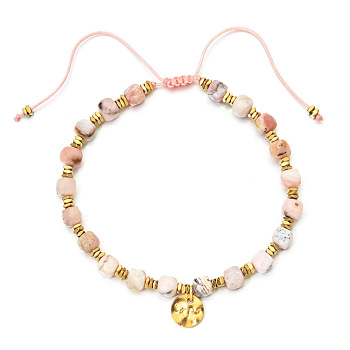 Bohemian Style Natural Pink Aventurine Cube Braided Bead Bracelet, Adjustable Bracelet with Flat Round Charms, 