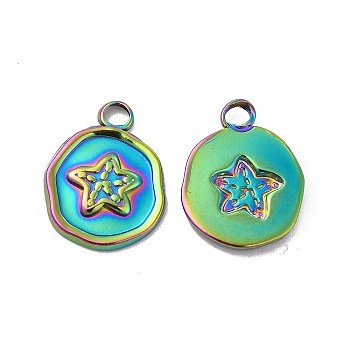 Ion Plating(IP) 304 Stainless Steel Pendants, Flat Round with Starfish Charm, Rainbow Color, 16.2x13x2mm, Hole: 2mm