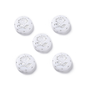 Opaque Acrylic Beads, Metal Enlaced, Flat Round with Flower Pattern, White, 17.5~18x5~5.5mm, Hole: 1.8mm, about 399pcs/500g