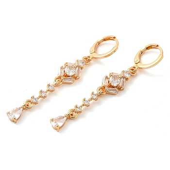 Rack Plating Golden Brass Dangle Leverback Earrings, with Cubic Zirconia, Teardrop, Clear, 51x8mm