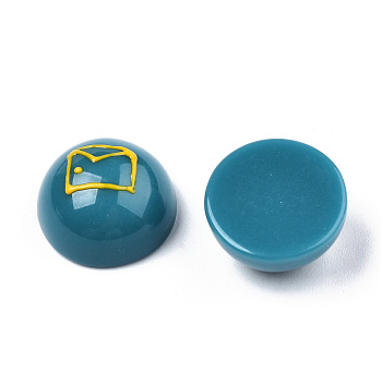 Opaque Resin Enamel Cabochons, Half Round with Gold Envelope Pattern, Teal, 15x8mm
