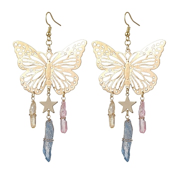 Natural Quartz Crystal Nuggets Dangle Earrings, Iron Butterfly Filigree Pendants with Brass Earring Hooks, Golden, 93~95x50mm