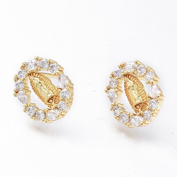 Brass Micro Pave Cubic Zirconia Ear Studs, Long-Lasting Plated, Oval with Virgin Mary, Golden, Clear, 13x11mm, Pin: 0.8mm