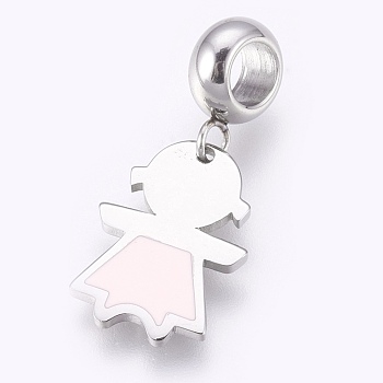 304 Stainless Steel European Dangle Charms, Large Hole Pendants, with Enamel, Girl, Misty Rose, 26mm, Hole: 4mm, Pendant: 16x11x1mm