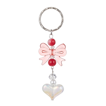 Acrylic Heart with Bowknot Keychains, with Glass Beads and Iron Keychain Clasp, Light Coral, 9.4cm