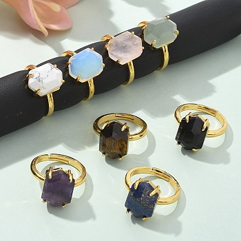 Hexagon Natural & Synthetic Gemstone Finger Rings, Golden Tone Brass Cuff Rings, Rack Plating, Long-Lasting Plated, Lead Free & Cadmium Free, Hexagon: 10x14mm, Inner Diameter: 17mm