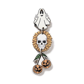 Halloween Theme Wood Big Pendants, Printed Wooden Tassel Charms, with Iron Findings, Ghost, 61x17.5x2.5mm, Hole: 1.6mm