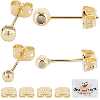 20Pcs 2 Style Brass Stud Earring Findings, Round Bead with Silicone Insert Post with Sterling Silver Pins, 20Pcs Rack Plating Brass Friction Ear Nuts, Real 18K Gold Plated, 15~16x3~4x2.5~3..5mm, Hole: 0.8~0.9mm, Pin: 0.6~0.7mm, 10Pcs/style