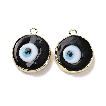 Handmade Lampwork Pendants, with Golden Plated Brass Findings, Cadmium Free & Lead Free, Flat Round with Evil Eye, Black, 21x18x4.5mm, Hole: 1.6mm