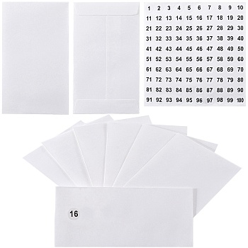 100Pcs Kraft Paper Envelopes, with Polka Dot Paper Number 1~100 Stickers, White, 113x60x0.3mm