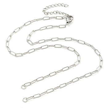 Tarnish Resistant 304 Stainless Steel Paperclip Chains Necklace Makings, with Lobster Claw Clasps and End Chains, Stainless Steel Color, 15.43 inch(39.2cm), Hole: 2.1mm