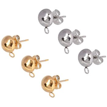 304 Stainless Steel Stud Earring Findings, with Loop, Bead Container, Dome/Half Round, Golden & Stainless Steel Color, 6.8x5.2x1.1cm, 40pcs/box