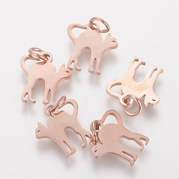 201 Stainless Steel Kitten Pendants, Stretch Cat Shape, Rose Gold, 12x12x1mm, Hole: 3mm
