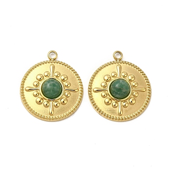 Natural African Jade Pendants, Flat Round Charms, with Vacuum Plating Real 18K Gold Plated 201 Stainless Steel Findings, 17.5x15x3.5mm, Hole: 1.5mm