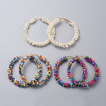 304 Stainless Steel Hoop Earrings, Beaded Hoop Earrings, with Glass Seed Beads, Golden, Mixed Color, 66x70x8mm, Pin: 0.7x1mm