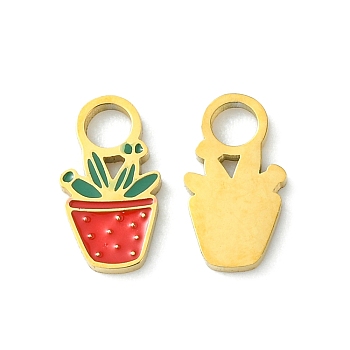 Ion Plating(IP) 304 Stainless Steel Manual Polishing Charms, with Enamel, Potted Plant Charm, Golden, 11x6x1mm, Hole: 2.5mm