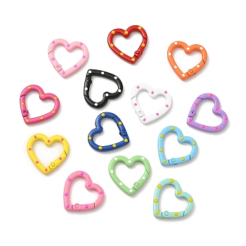 Spray Painted Alloy Spring Gate Rings, Heart Ring with Polka Dot Pattern, Mixed Color, 6 Gauge, 25x25.7x4mm