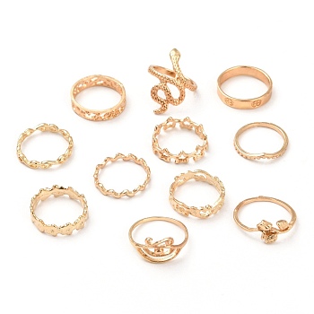 Zinc Alloy Finger Ring Sets, Hollow, Flower & Leaf & Snake & Rose & Star & Wave, Golden, 1~15.5mm, Inner Diameter: 16.7~18.1mm, 11pcs/set