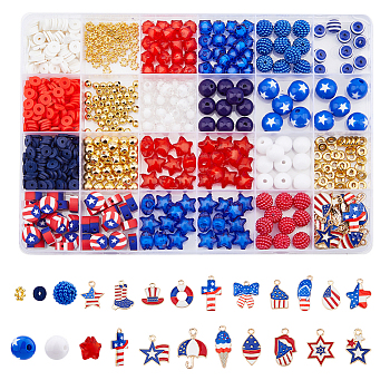 Independence Day Acrylic Beaded Stretch Bracelet with Alloy Enamel Charms DIY Making Finding Kit, Mixed Color, 4~23x4~16x1.5~9mm, Hole: 1.5~3mm