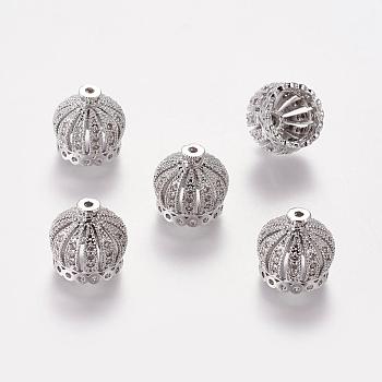 Brass Cubic Zirconia Beads, Crown, Platinum, 13x14mm, Hole: 1.5mm, 9mm Inner Diameter