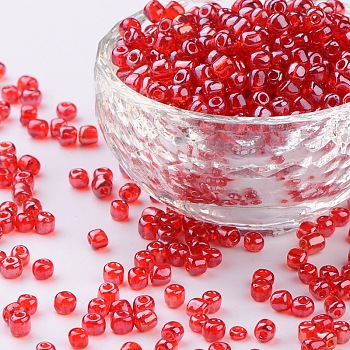 (Repacking Service Available) Glass Seed Beads, Trans. Colours Lustered, Round, Crimson, 6/0, 4mm, Hole: 1.5mm, about 12G/bag