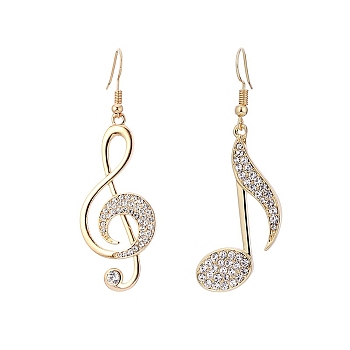 Alloy with Glass Dangle Earrings, Musical Note Asymmetrical Earrings, Golden, 35mm