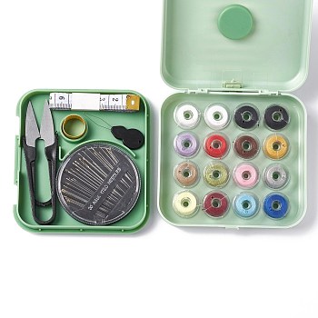 Sewing Tool Sets, Including Polyester Thread, Tape Measure, Scissor, Sewing Needle Devices Threader, Thimbles, Needles, Magnetic Plastic Box, Light Green, 96x105x30mm