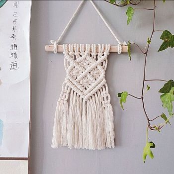 Cotton Cord Macrame Woven Wall Hanging, with Plastic Non-Trace Wall Hooks, for Nursery and Home Decoration, Floral White, 480x210x20mm