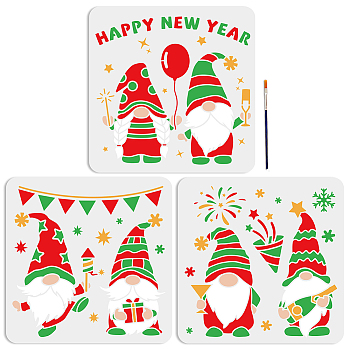 US 1 Set Happy New Year PET Hollow Out Drawing Painting Stencils, for DIY Scrapbook, Photo Album, with 1Pc Art Paint Brushes, for Acrylic Painting Watercolor Oil Gouache, Gnome, Stencils: 300x300mm, 3pcs/set