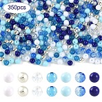 250Pcs 5 Styles Opaque Acrylic Beads, Round, with 100Pcs 2 Styles ABS Plastic Beads, Round, Blue, 7.5~8x7~8mm, Hole: 1.6~2mm(MACR-YW0004-83B)