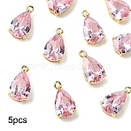 5Pcs Transparent Glass Charms, with Brass Findings, Faceted, Teardrop, Light Gold, Pearl Pink, 15x8x6mm, Hole: 1.2mm(GLAA-YW0004-41B)