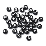 Opaque Acrylic Beads, Flat Round with Letter, Black, 7x4mm, Hole: 1.8mm, about 3700pcs/500g(MACR-K365-03)