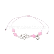 Natural Dyed White Jade Braided Bead Bracelets, Adjustable Heart Alloy Link Bracelets for Women, Pink, Inner Diameter: 3/4~3-3/8 inch(8.5cm)(BJEW-JB09823-05)