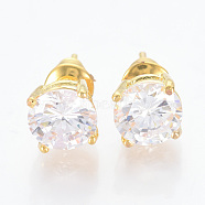 Brass Cubic Zirconia Stud Earrings, Nickel Free, Real 18K Gold Plated, 7mm, Pin: 0.8mm(EJEW-S199-02G)