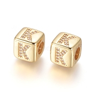 Brass Micro Pave Cubic Zirconia European Beads, Horizontal Hole, Large Hole Beads, Long-Lasting Plated, Cube with Letter, Golden, Clear, Letter.K, 9x9x9.5mm, Hole: 4.5mm(ZIRC-G162-13G-K)