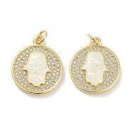 Brass Micro Pave Clear Cubic Zirconia Pendants, with Synthetic Opal and Jump Rings, Real 18K Gold Plated, Hamsa Hand Charms, White, 20.5x17x3mm, Hole: 3mm(KK-L213-039G-02)