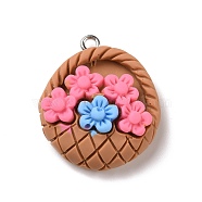 Opaque Resin Pendants, with Platinum Tone Iron Loops, Flower Basket, Camel, 27x23.5x10.5mm, Hole: 2mm(RESI-G032-I01)
