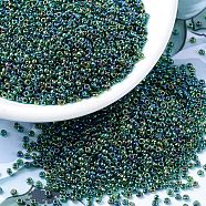MIYUKI Round Rocailles Beads, Japanese Seed Beads, (RR344) Lined Green AB, 11/0, 2x1.3mm, Hole: 0.8mm, about 1100pcs/bottle, 10g/bottle(SEED-JP0008-RR0344)