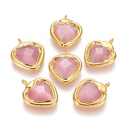 Brass Pendants, with Cat Eye, Heart, Golden, Pink, 25x20x5mm, Hole: 1.8mm(KK-P185-B01)