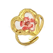 Brass Adjustable Rings for Women, Cadmium Free & Lead Free, with Epoxy Resin & Dried Flower inside, Real 18K Gold Plated, Heart, 20mm, Inner Diameter: 17mm(RJEW-G265-10G-C03)