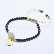 Natural Black Tourmaline Braided Bead Bracelets, with Electroplated Natural Lava Rock Beads, Druzy Crystal, Nylon Cord and Brass Findings, Flat Round & Heart, 2-1/8 inch(5.3cm)~3-1/8 inch(8cm)(BJEW-I258-G03)