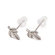 Rhodium Plated Sterling Silver Stud Earrings for Women, Leaf, with S925 Stamp, Platinum, 9x7mm(EJEW-D106-02P)