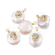 Natural Cultured Freshwater Pearl Pendants, with Brass Micro Pave Cubic Zirconia Findings, Nuggets with Skull, Golden, Deep Sky Blue, 17~26x11~16x5~11mm, Hole: 1.6~2mm(PEAR-L027-31D)