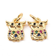 Rack Plating Brass Micro Pave Cubic Zirconia Charms, with Jump Ring, Cadmium Free & Lead Free, Owl, Real 18K Gold Plated, 11x9x2.5mm, Jump Ring: 5x1mm, Inner Diameter: 3mm(ZIRC-C035-05G)