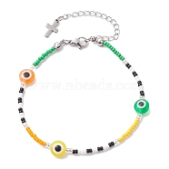 Resin Evil Eye & Glass Seed Beaded Bracelets, Green, 10-3/8 inch(26.5cm)(BJEW-MZ00049)
