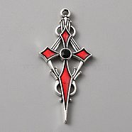 Jet Rhinestone Cross Pendatn with Red Enamel, Alloy Pendant, Antique Silver, 47.5x21.5x4mm, Hole: 1.8mm(ENAM-WH0001-06AS-03)