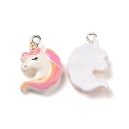Opaque Resin Pendants, with Glitter Powder and Platinum Tone Iron Loops, Unicorn Charm, Pearl Pink, 22.5x15.5x6mm, Hole: 2mm(RESI-J023-12A)