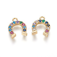 Brass Micro Pave Cubic Zirconia Charms, Horse Shoe, Golden, Colorful, 12.5x10x2mm, Hole: 1.2mm(ZIRC-L075-38G)